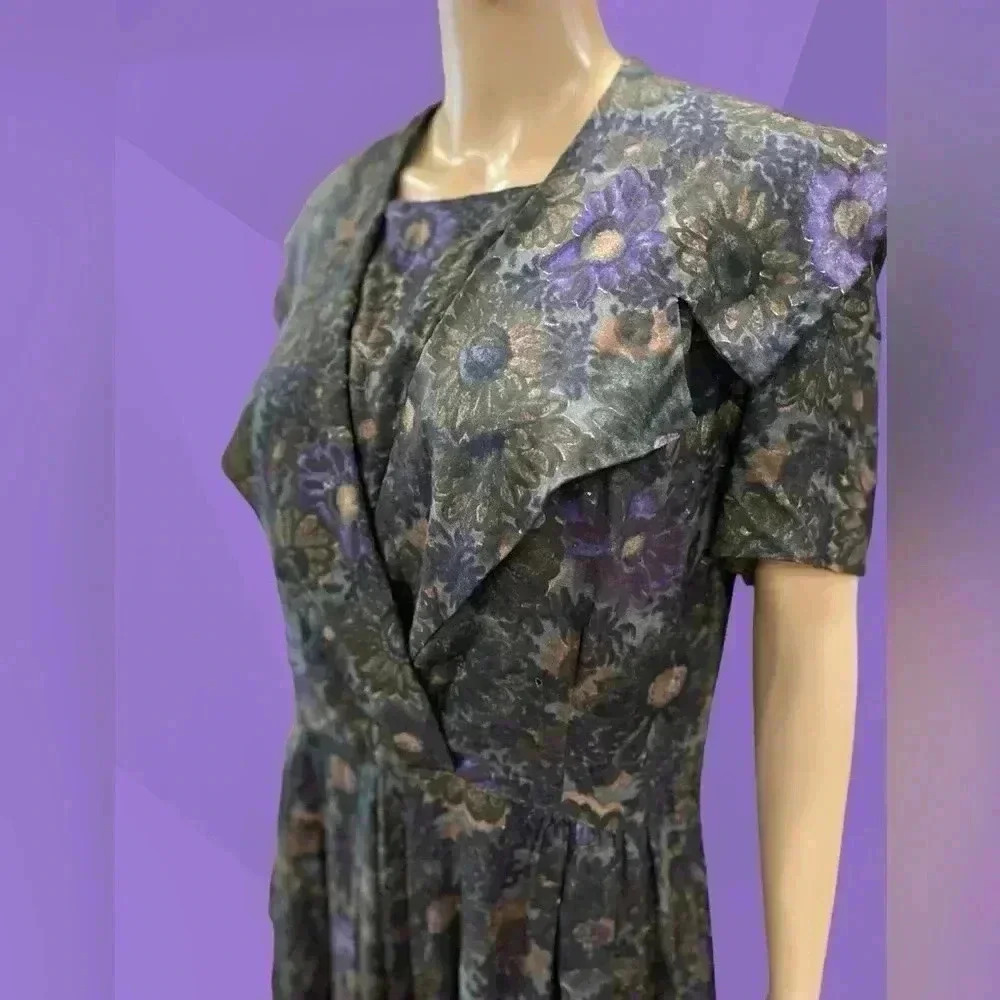 Vintage 70’s/80’s handmade dropwaist modesty black floral dress-XL AS IS - Picture 6 of 10
